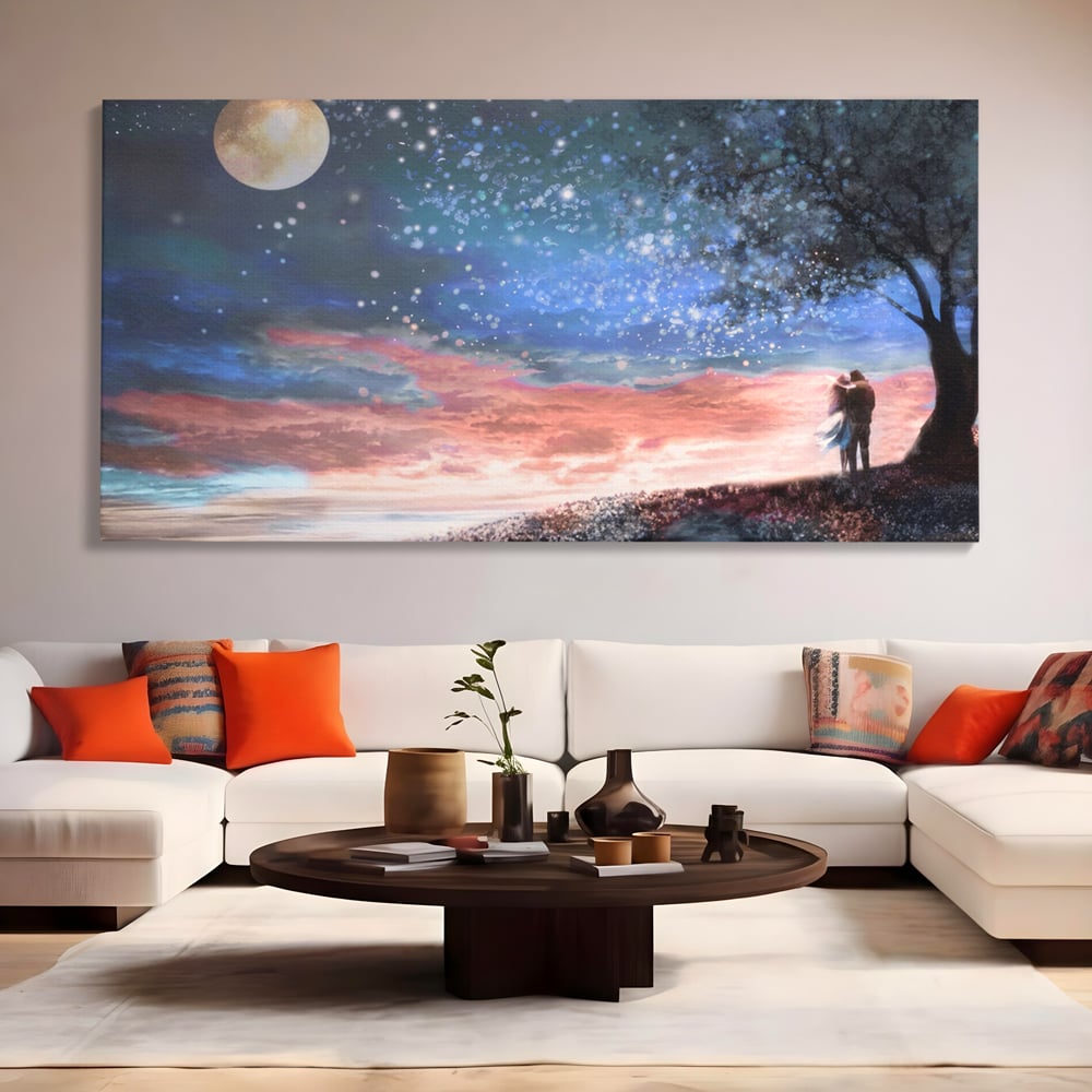 Tablou canvas cu ilustratie cuplu sub cer instelat, fara rama, pe sasiu de lemn, pe perete intr-un living